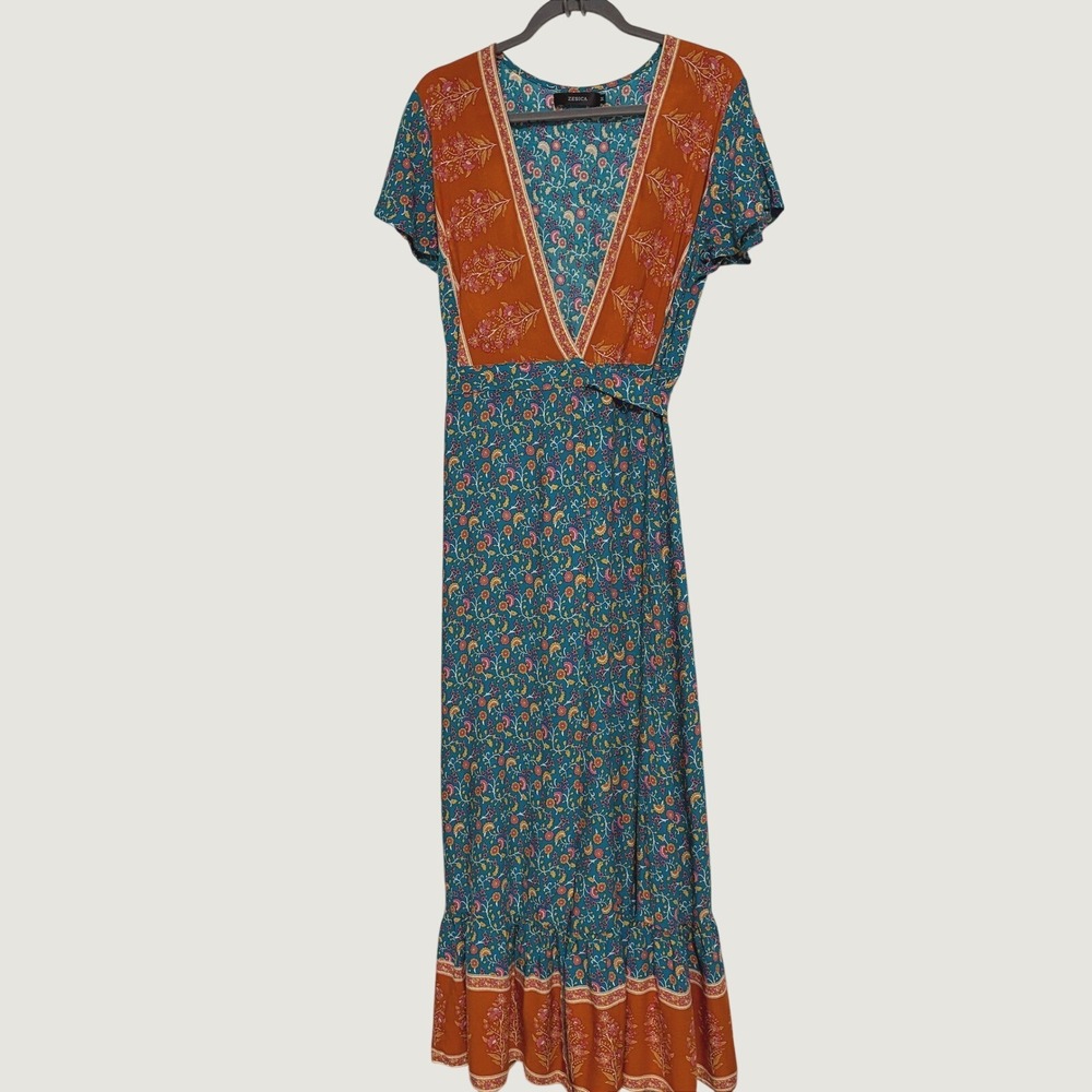 Zesica Teal Orange Floral Wrap Maxi Dress Womens Medium Boho Ruffle Hem Rayon